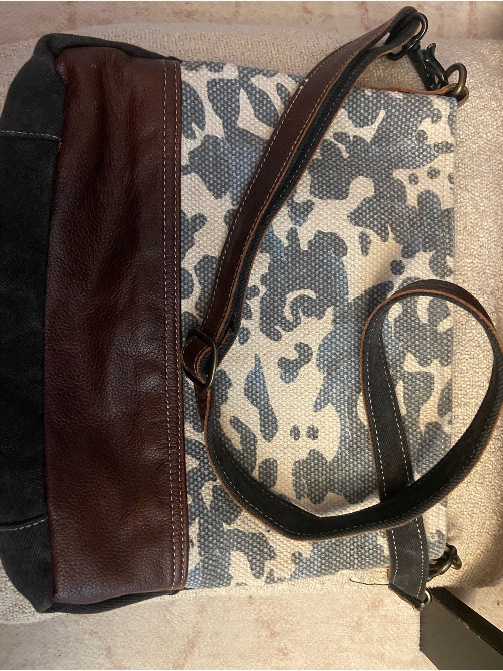 Myra Bag Canvas Tote with Brown Leather Trim and Gray Pattern